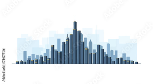 Stylized modern city skyline with tall skyscrapers and varying building heights against a soft blue background