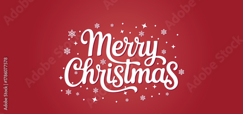 White Merry Christmas lettering shines against a red backdrop with scattered snowflakes and sparkling stars