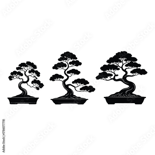 Three stylized silhouette bonsai trees in pots on white background