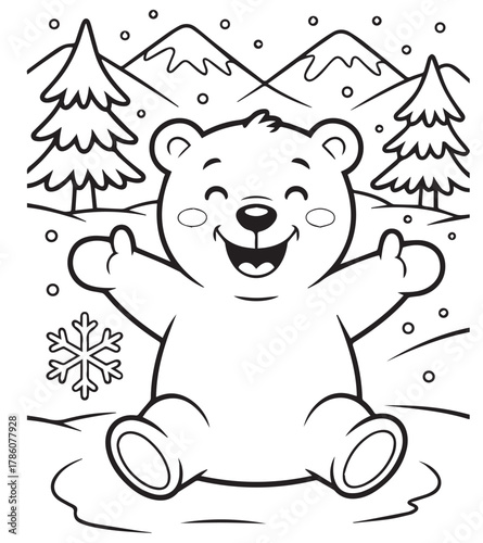 Happy bear sits amongst snowy trees and mountains, cheerfully embracing a winter in monochrome