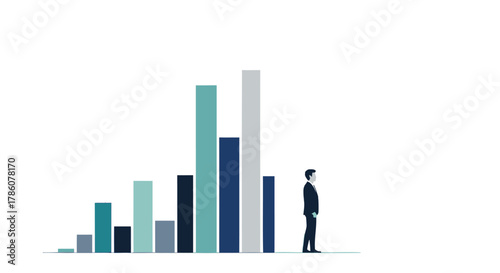 Business man standing next to a rising bar chart representing growth and success in a clean white background