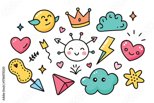 Cute and Colorful Doodle Icons Perfect for Stickers and Digital Designs in a Fun and Playful Arrangement