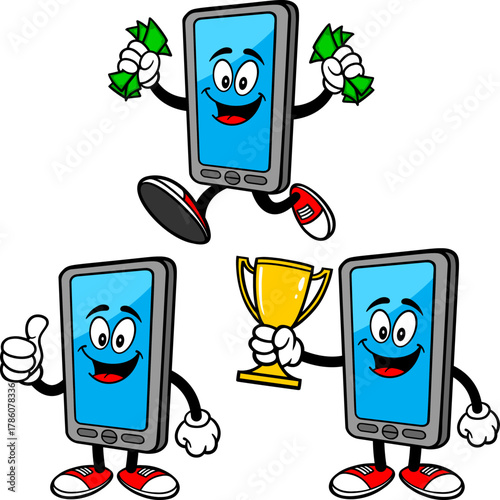 Smartphone Mascot Set 02, Hand Drawn illustrations of Smartphone Mascots in various poses.