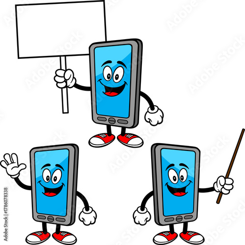Smartphone Mascot Set 01, Hand Drawn illustrations of Smartphone Mascots in various poses.