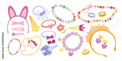 Colorful collection of children’s jewelry, including headbands, bracelets, rings, hair clips, and necklaces with playful designs, isolated on white background vector illustration