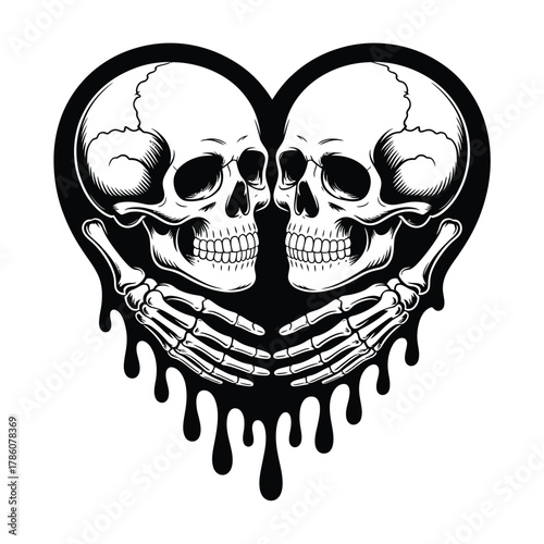 Two skulls embracing forming a heart shape with dripping effect