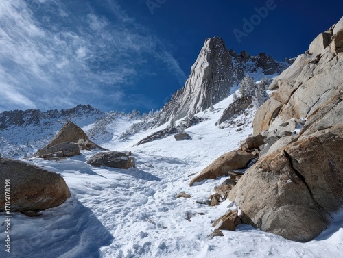 Dramatic Winter Mountain Landscape Rugged Peaks Snow Covered Slopes Granite Boulders Clear Blue Sky Striking Winter Scene Alpine Terrain Adventure Travel Destination