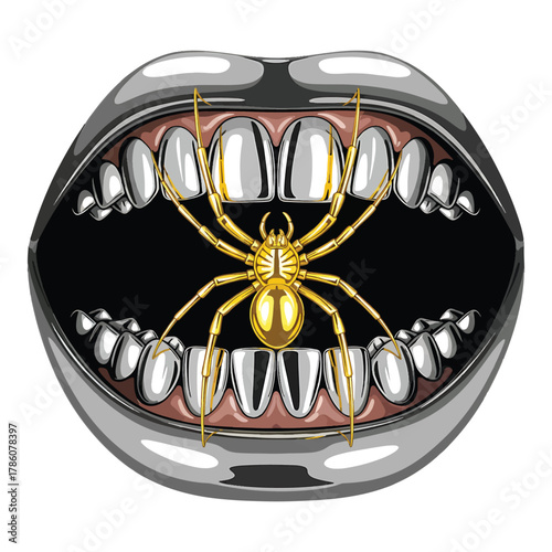 A surreal and unsettling image of a golden spider perched inside a metallic open mouth with gleaming white teeth