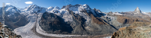 Panoramic view from the Gornergrat south and east onto the Matterhorn in the Monte Rosa massif with Dufourspitze, Liskamm, Castor, Pollux, Breithorn and Klein Matterhorn and the Gorner Glaciers