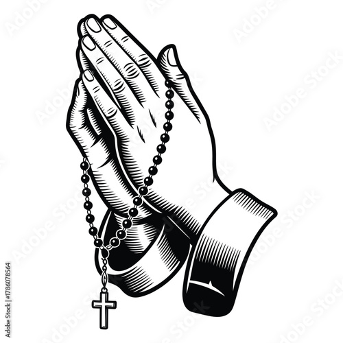 Praying hands with rosary beads and cross illustration
