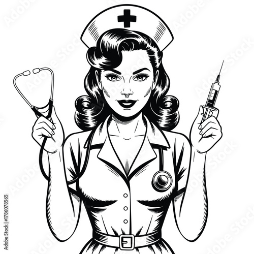 Retro nurse with stethoscope and syringe in pop art style
