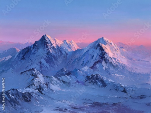 Impressionistic Snowy Mountain Landscape Pink Purple Sky Oil Painting Alpine Peaks Cold Climate Scenery Dawn Dusk Sunlight Reflecting Icy Terrain Serene Arctic Winter View