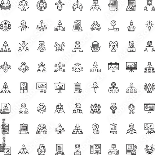 Collection of Business and Management Icons representing teamwork, organization, strategy, analysis, and leadership in a modern flat design style