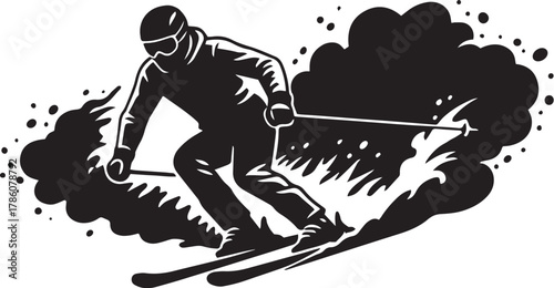 Silhouette of a skier doing a downhill turn, snow spray visible