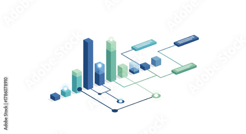 Isometric 3d bar graph with connecting lines and nodes representing data flow and analysis