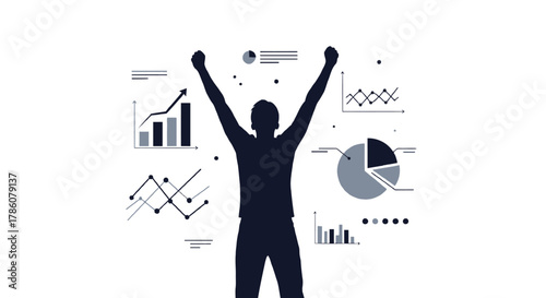 Silhouette of a person with arms raised in victory surrounded by various financial and data charts and graphs