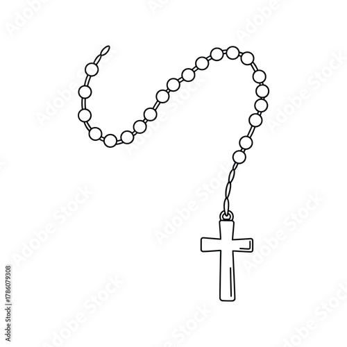 Hand drawn sketch of a rosary with a cross on a white background