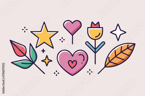 Delicate line art illustration with hearts stars leaves and flower adding a touch of whimsy and love to any project or design