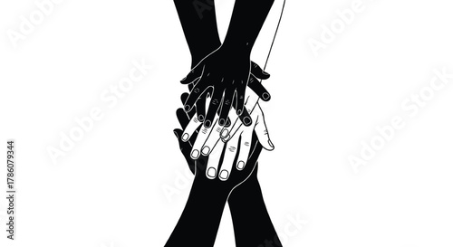 Diverse hands stacked together in a symbol of unity and cooperation against a white background