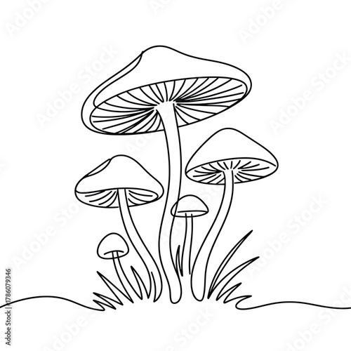 Minimalist line art illustration of a cluster of mushrooms in grass