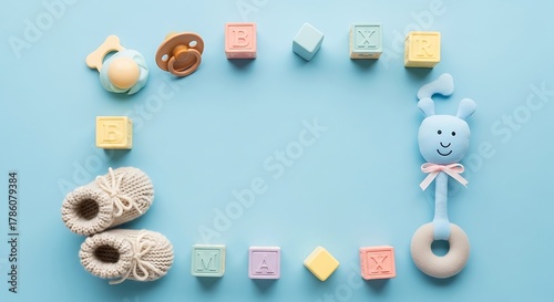 Baby Items Arranged in a Frame on a Blue Background 
