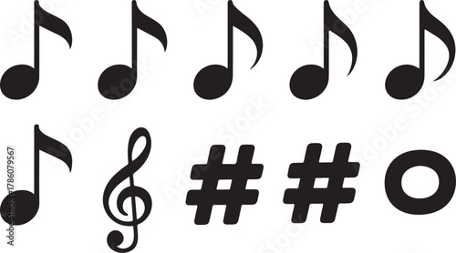 "Music Notation Icon Set – Treble Clef, Notes, and Sharps Silhouettes"
