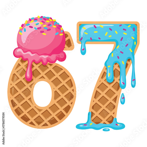 Sweet number 6 and 7 made of waffle cones with melting ice cream and colorful sprinkles for celebration