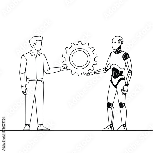 Human and robot collaborate holding a gear together