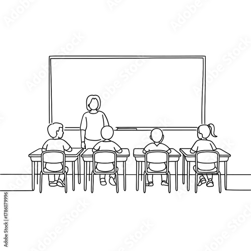 Teacher instructing students at desks in a classroom with whiteboard