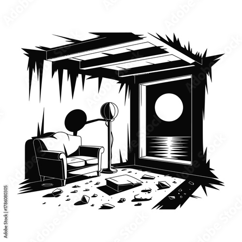 Eerie abandoned room with moonlit window and solitary armchair