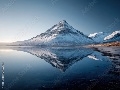 Kirkjufell Mountain Reflection in Calm Water Winter Icelandic Landscape Scenic Panorama