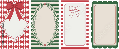 Four Christmas themed cards with bows and borders card, christmas, bow, red, green, border, frame, ornate, ribbon, striped, pattern, diamond, wreath, oval, rectangle, scalloped, paper, design, vintage