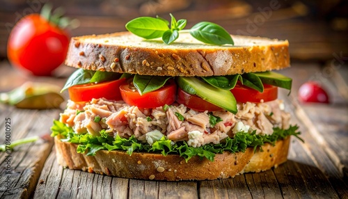 Rustic tuna sandwich with creamy filling, fresh tomatoes, avocado, and a layer of green pesto on artisan bread. Detailed close-up highlighting textures and ingredients.