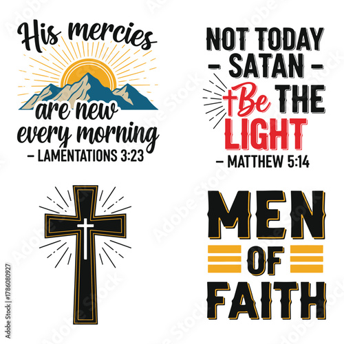 Collection of four inspiring christian quotes and bible verses with religious symbols and graphics for t shirts