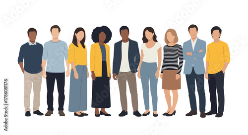 Diverse group of business professionals standing together in a line representing teamwork and collaboration in the workplace