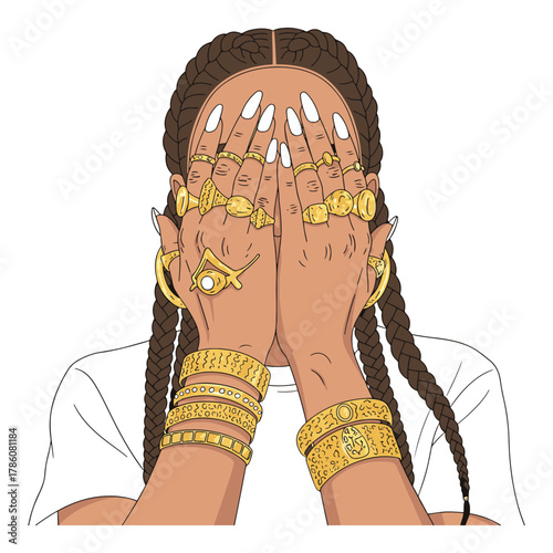 Stylish woman with intricate braids and hands adorned with numerous gold bangles and rings covering her face