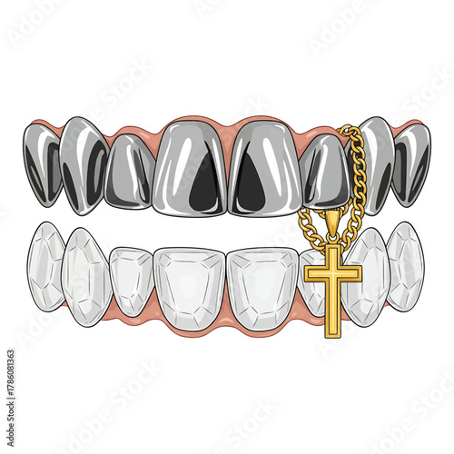 Close up of a gold cross pendant attached to a diamond encrusted grill set on teeth