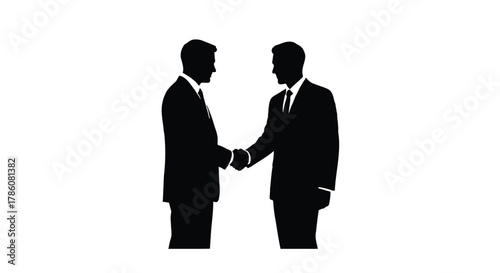 Two businessmen in silhouette shaking hands in agreement on a white background representing partnership and success