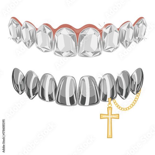 Close up of a set of shiny silver grillz with a gold cross pendant hanging from the bottom row of teeth