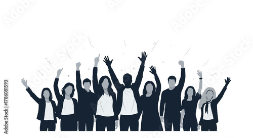 Diverse group of people raising hands in celebration and unity against a white background with confetti elements