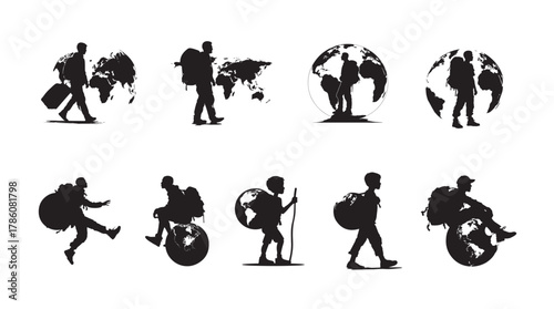 Silhouetted figures representing global travel and backpacking around the world