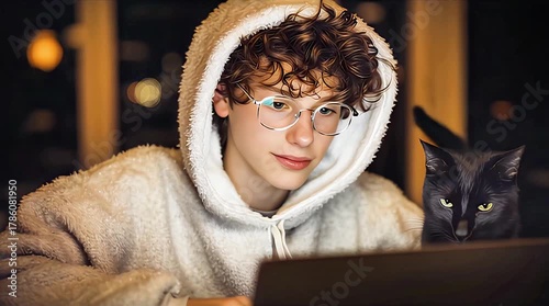 Cozy Night Study: Teen Boy with Glasses and Black Cat by Laptop