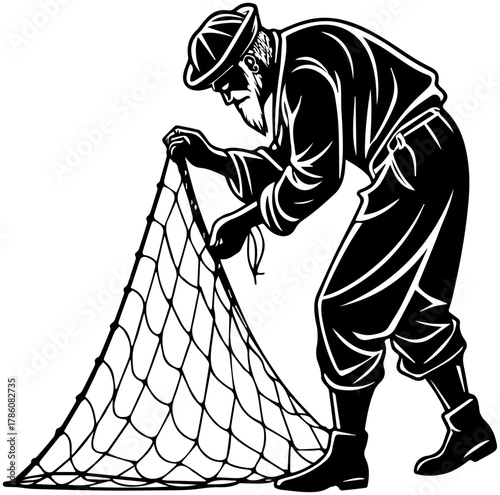 Fisherman Silhouette Mending Net – Rural Maritime Scene