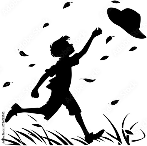 Child Silhouette Running After Hat in Windy Field