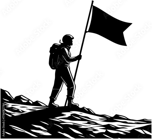 Explorer Silhouette Planting Flag on Rugged Ground