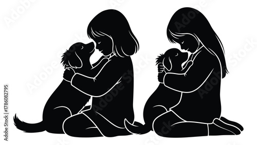 Girl and dog hugging silhouette isolated on white background, Vector