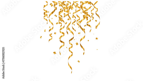 Vector illustration of golden streamers and confetti falling on a white background