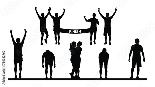 Human silhouettes celebrating and finishing a race isolated on white background, Vector