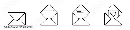 Email and message line icons. Open and closed envelope symbols for mailing, inbox, and digital communication.
