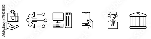 outline and filled icons for tech, mobile, and e-commerce